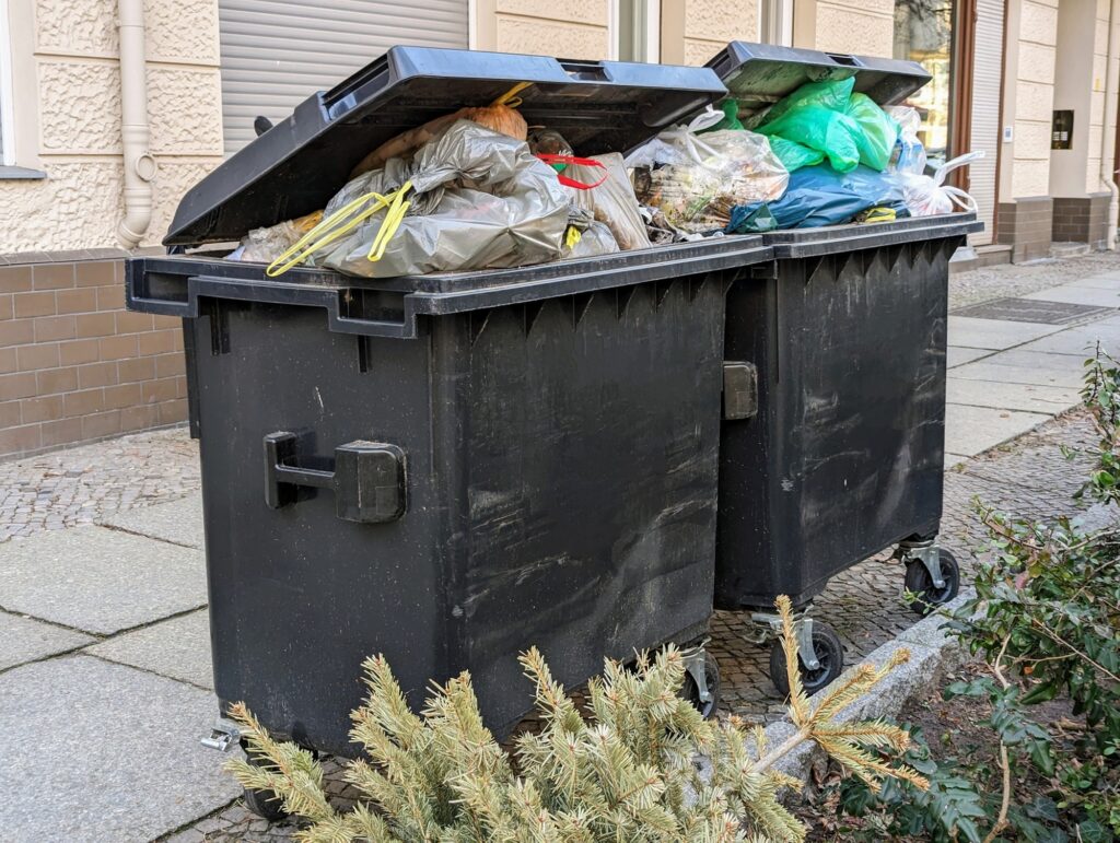 Zwei volle Restmülltonnen stehen auf dem Bürgersteig.
