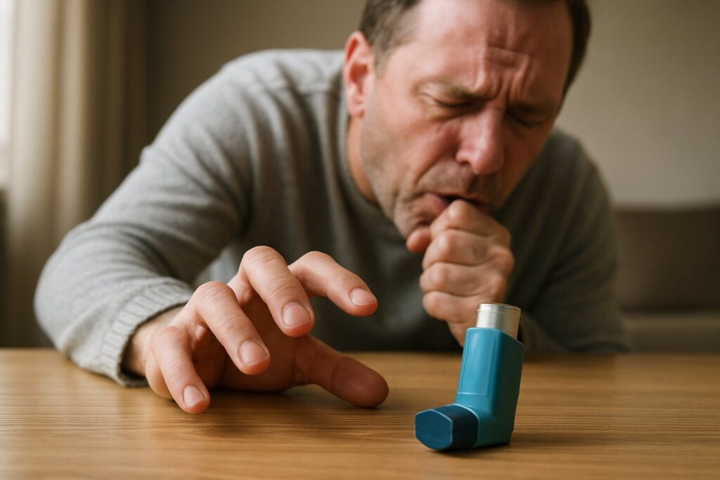 Mann mit Asthmaanfall vor inhalator