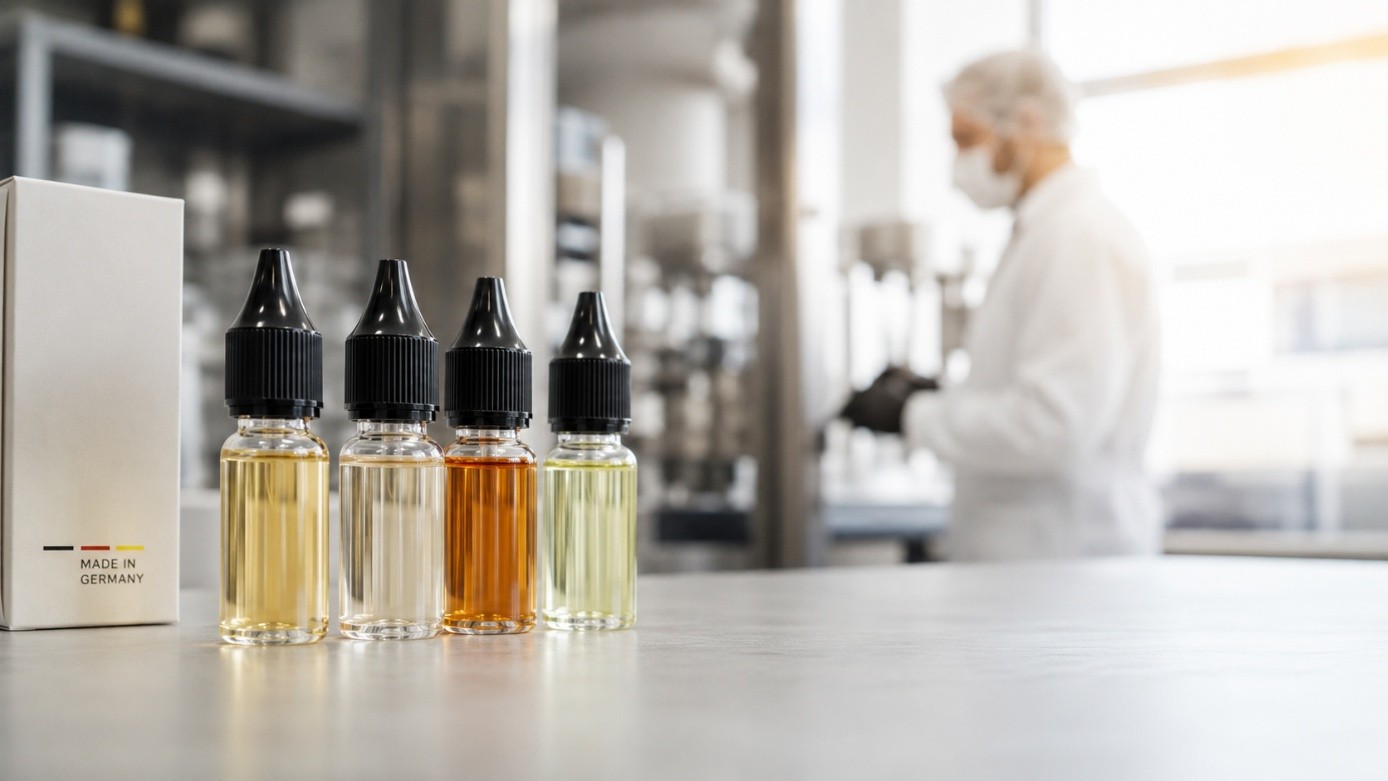 Vier Liquids für E-Zigaretten neben einer Verpackung mit dem Hinweis „Made in Germany“ auf einem Tisch in einem Labor.