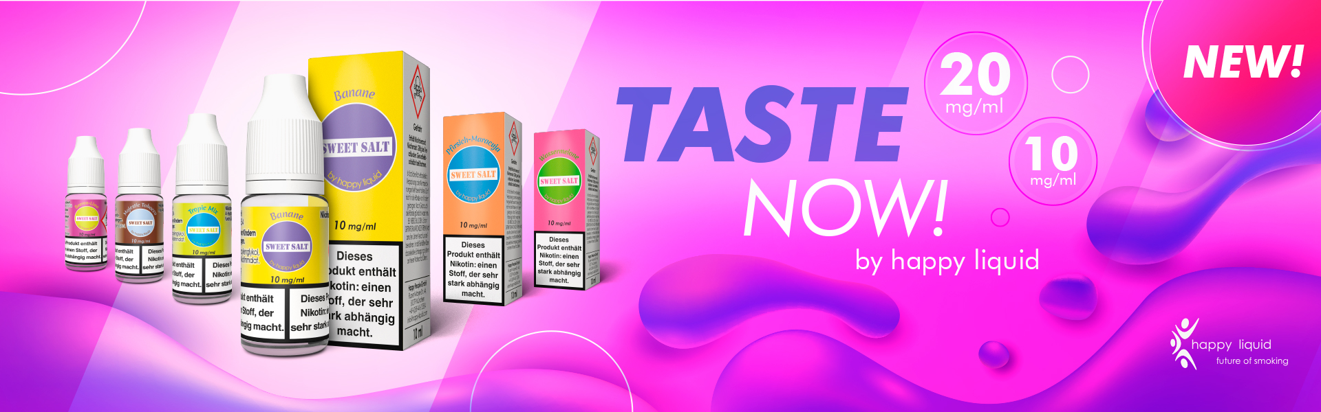 Banner mit Sweet Salt Nikotinsalz Liquidflaschen neben den entsprechenden Verpackungen